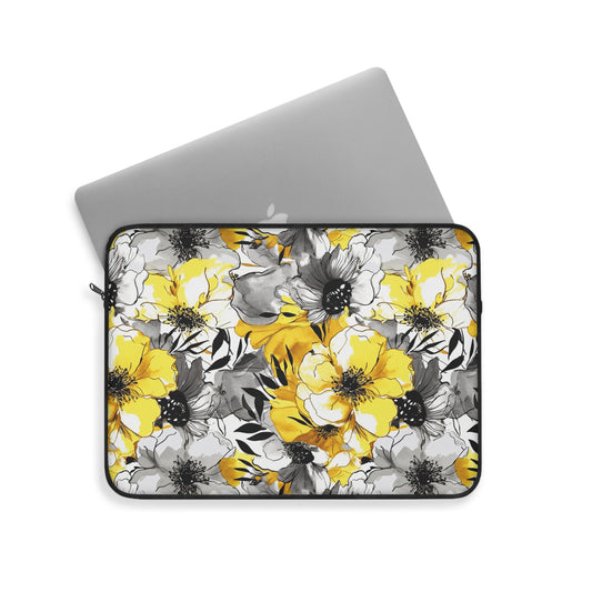 Soothing Radiance: Large Yellow and Grey Watercolor Flower Design - Laptop or Ipad Protective Sleeve 3 Sizes