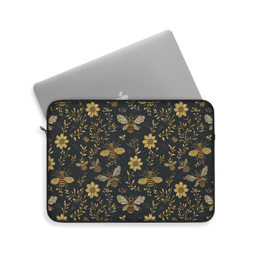 Vintage Honeybee Garden with Elegant Golden Floral Pattern Laptop or Ipad Protective Sleeve 3 Sizes Available