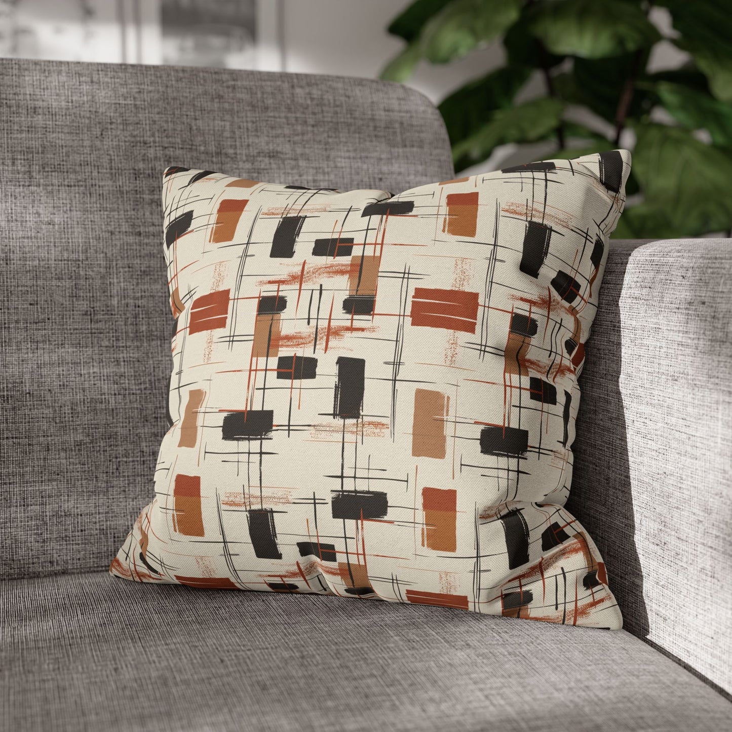 Modern Artistry in Bold and Minimalistic Pattern in a Palette of Black, Dark Orange, and Beige Spun Polyester Square Pillowcase 4 Sizes