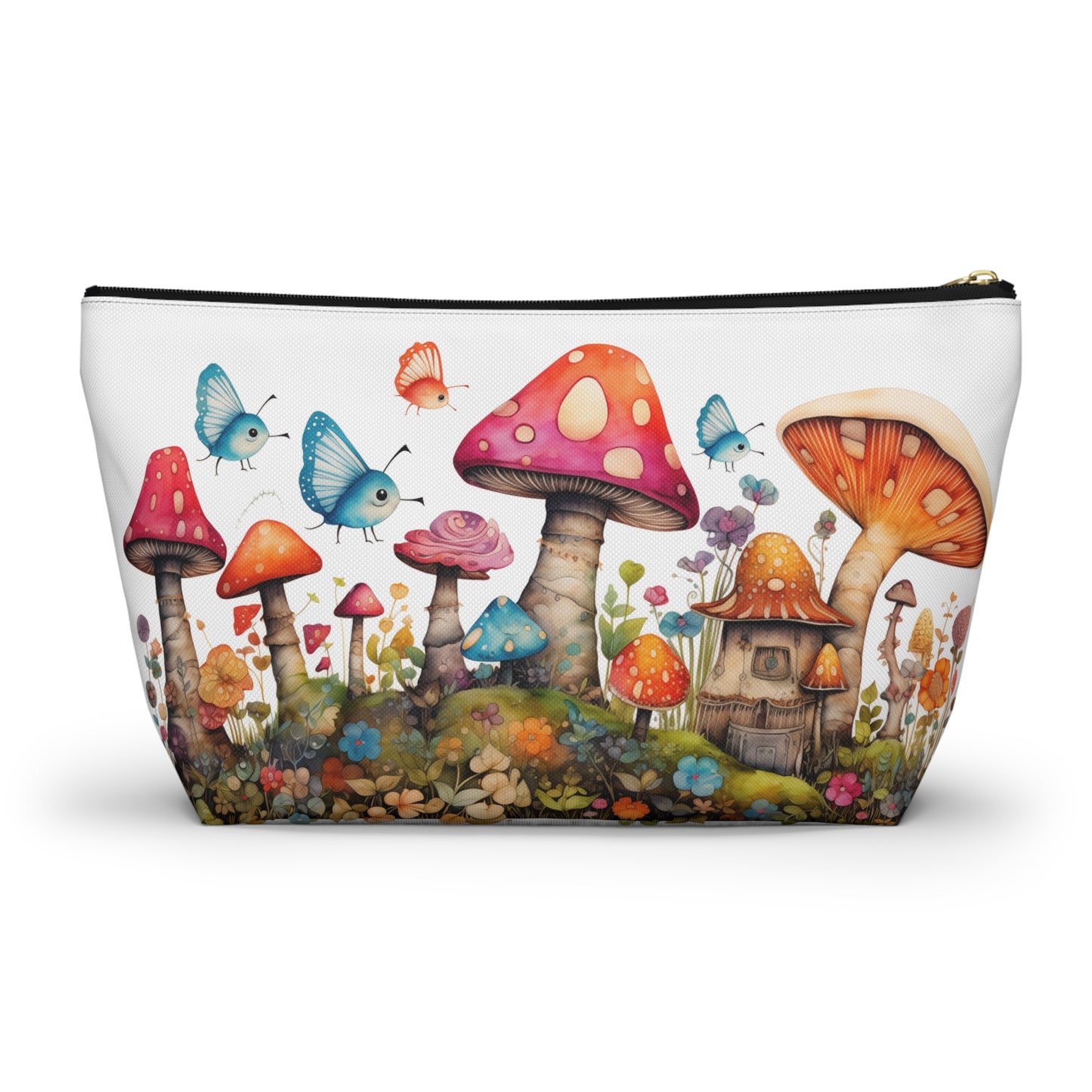 Enchanting Mushroom Cottage Adorned with Butterflies and Toadstools - Makeup & Accessory Bag 2 Sizes