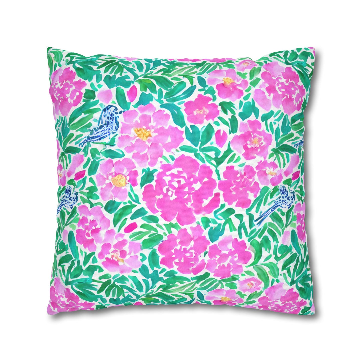 Springtime Whispers: Tiny Birds and Pink Blooms, Subtle Blue Accents, and Lush Green Leaves Spun Polyester Square Pillowcase 4 Sizes