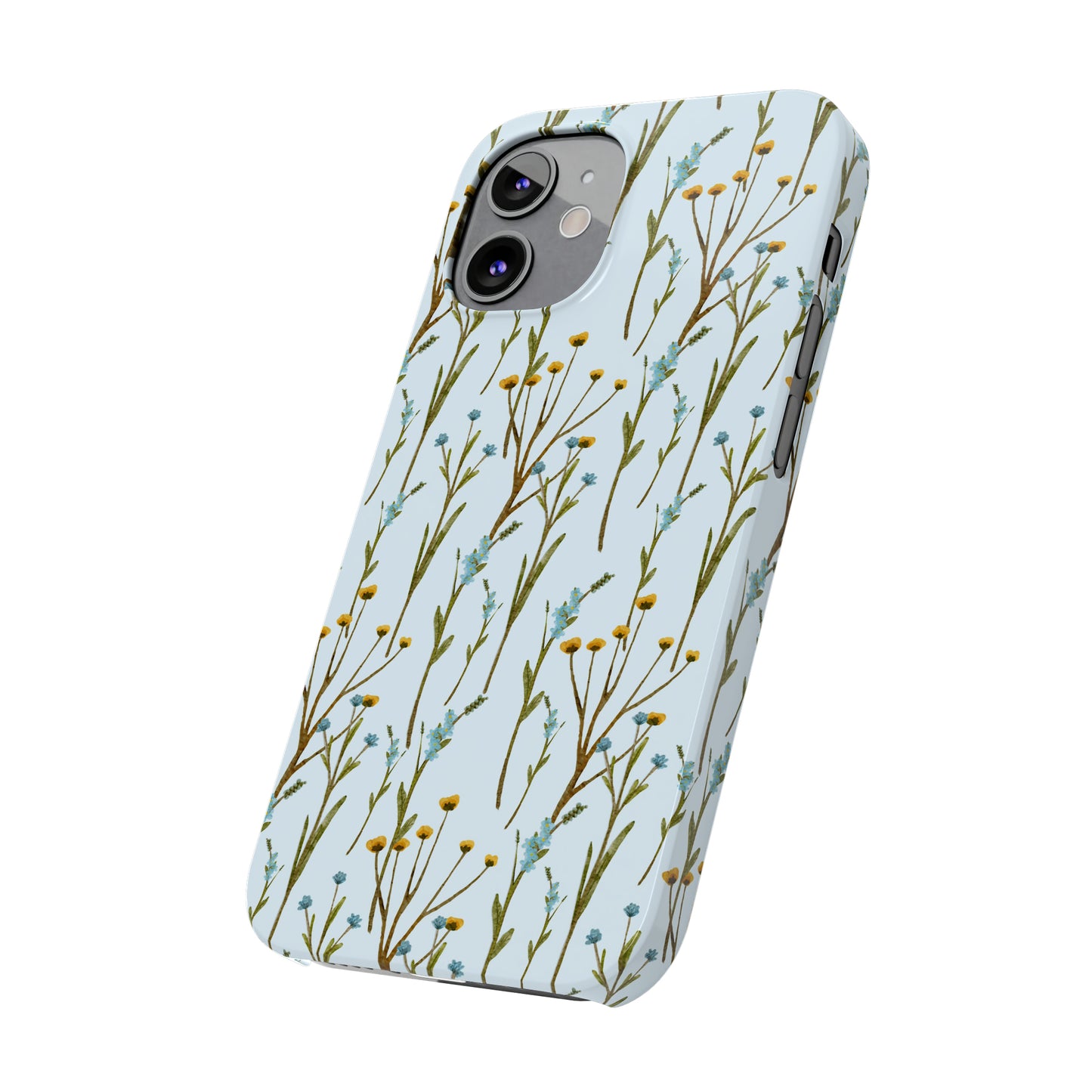 Delicate Blue and Yellow Wildflowers on a Light Blue Background Design Iphone 15-12 Slim Phone Case