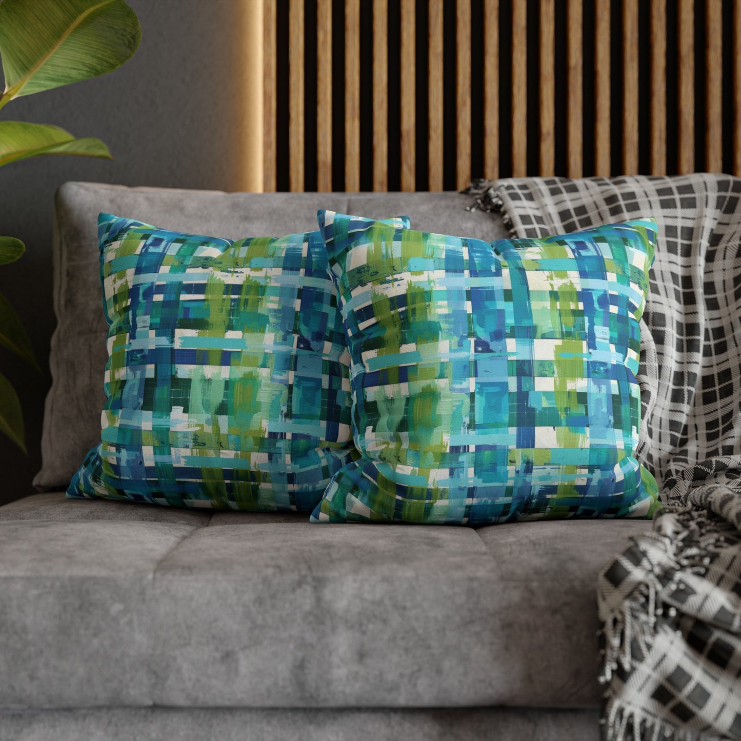 Enchanted Lagoon: Vibrant Green and Blue Abstract Plaid Spun Polyester Square Pillowcase 4 Sizes