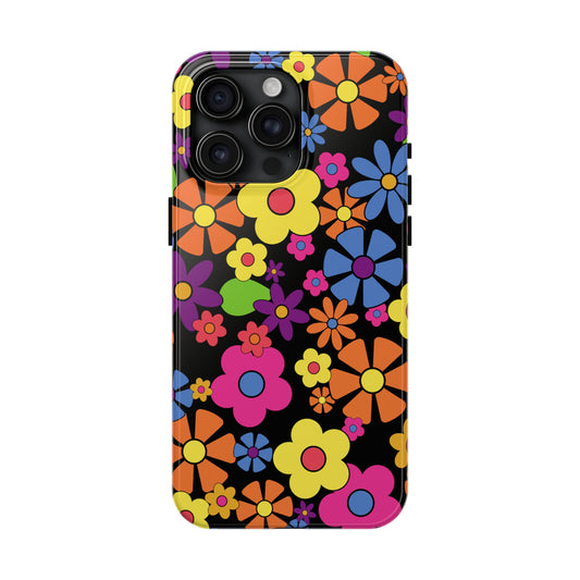 Flower Power Design on Black Background Iphone Tough Phone Case