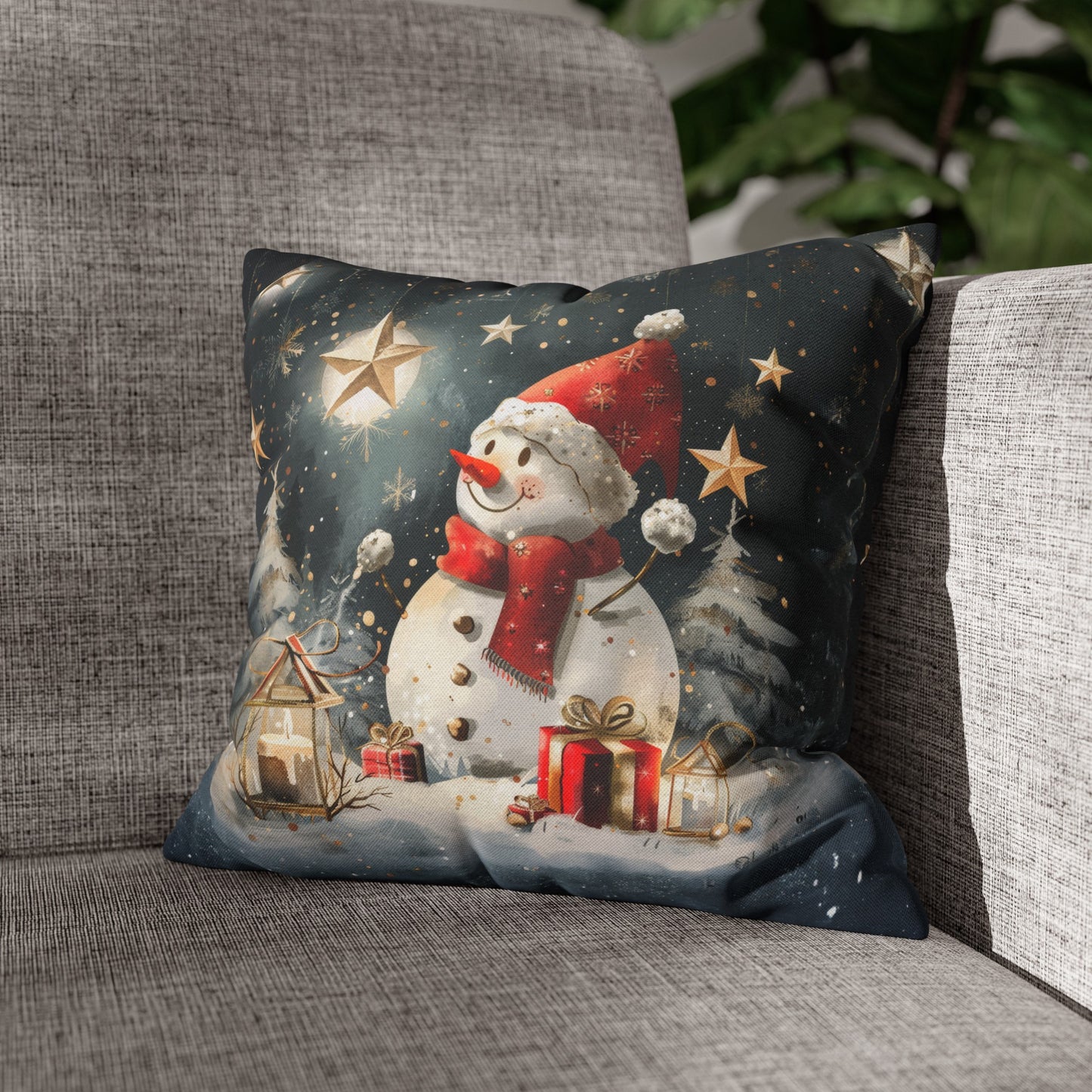 Moonlit Frost: Snowman Basking in Moonlight Surrounded by Presents Spun Polyester Square Pillowcase 4 Sizes