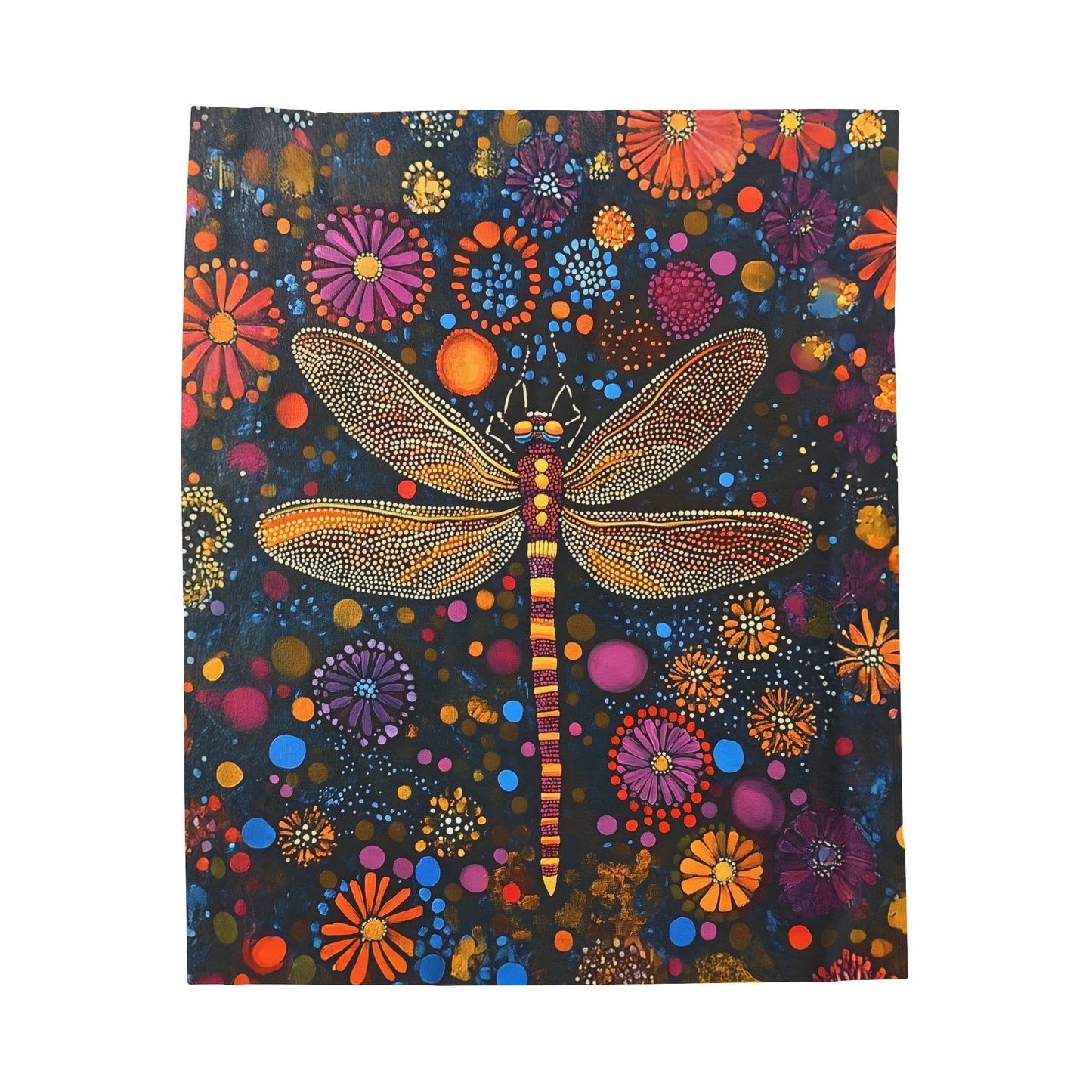 Vibrant Dragonfly Amidst a Kaleidoscope of Dot-Painted Blooms Velveteen Plush Blanket 3 Sizes