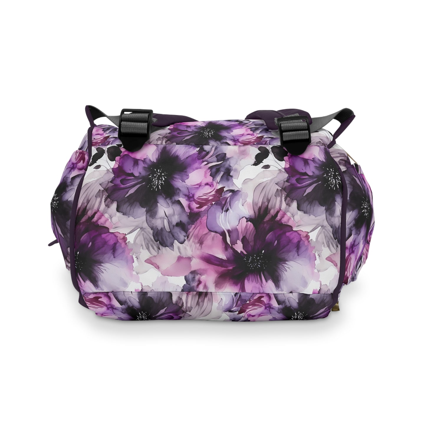 Regal Splendor: Large Purple and Grey Watercolor Flower Design Multifunctional Diaper Backpack