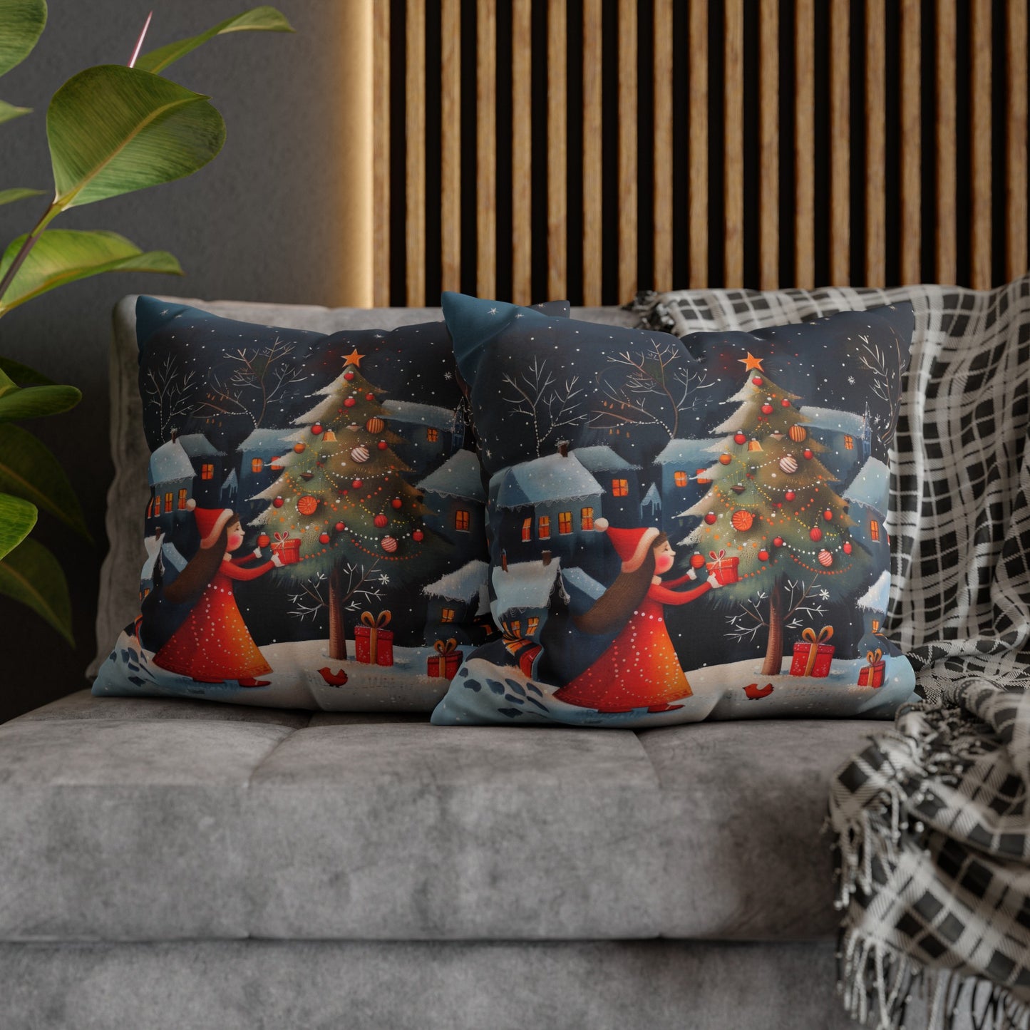 Joyful Surprise: Little Girl Admiring Christmas Tree with Presents Spun Polyester Square Pillowcase 4 Sizes