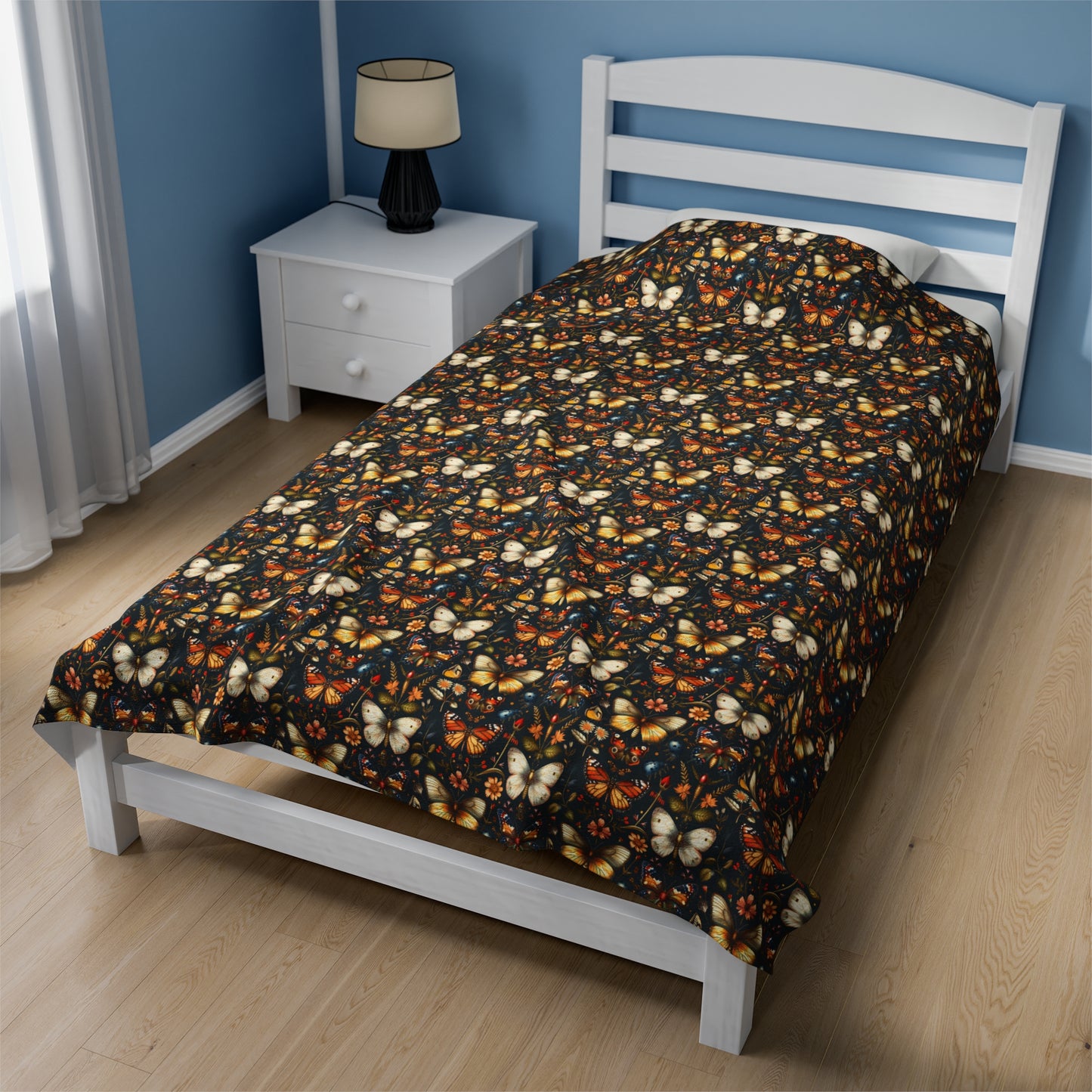 Enchanted Garden of Butterflies and Botanicals in Rich Autumn Hues on a Deep Night Background Velveteen Plush Blanket 3 Sizes