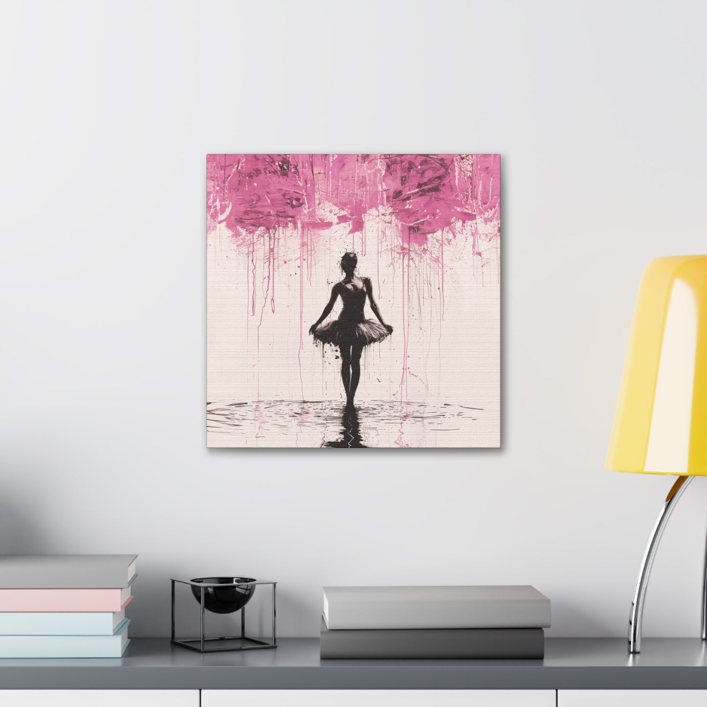 Dreamlike Reverie: Ballerina Dancing Amidst Pink Clouds and Gentle Rain Print on Canvas Gallery - 13 Sizes