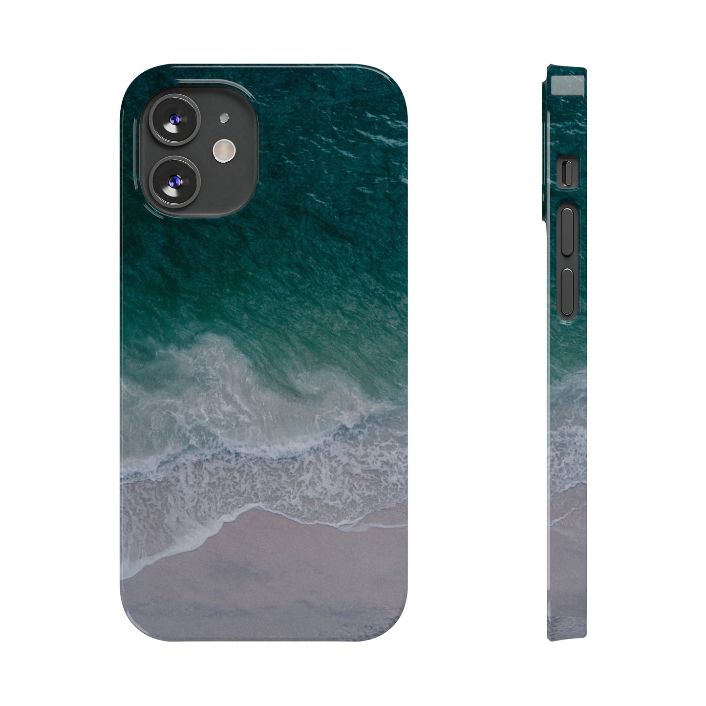 Ocean's Embrace: Deep Green Waters with White Waves Crashing onto the Beach Design Iphone 15-12 Slim Phone Case