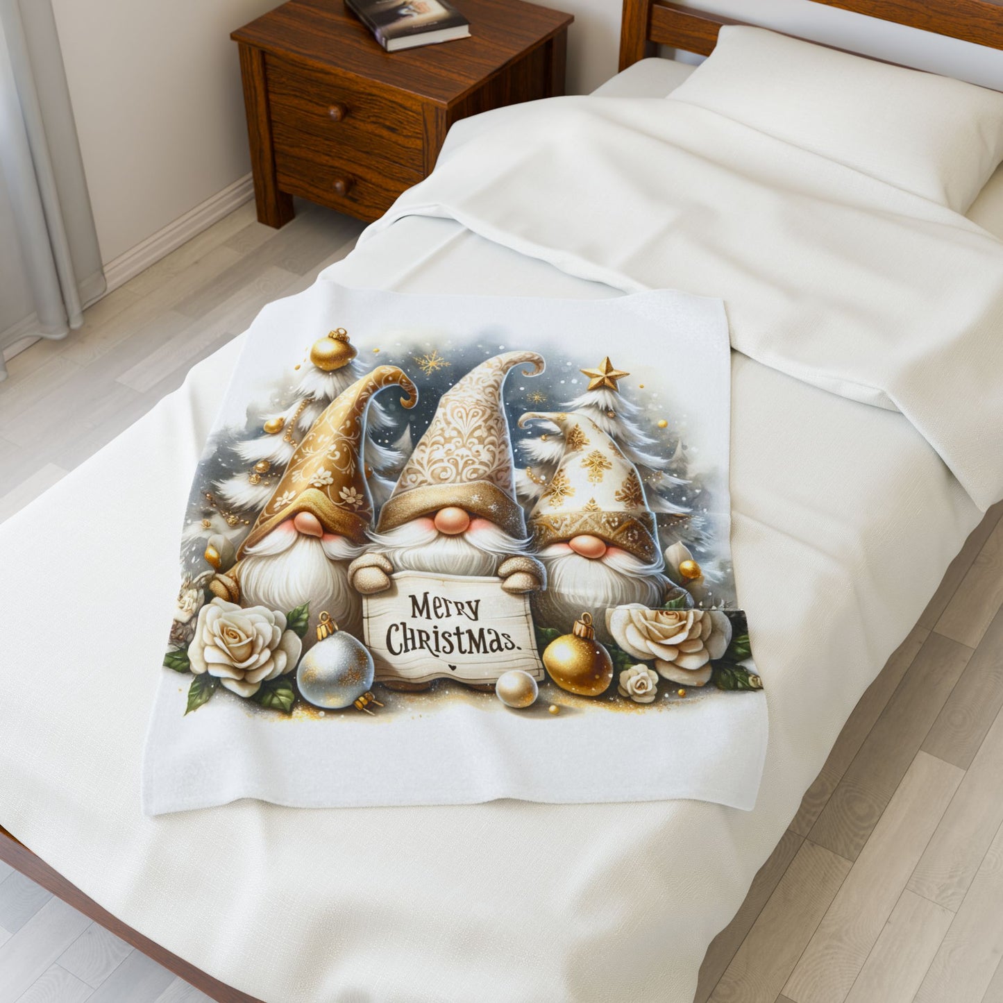 Gnomes Golden Merry Christmas Velveteen Plush Blanket 3 Sizes