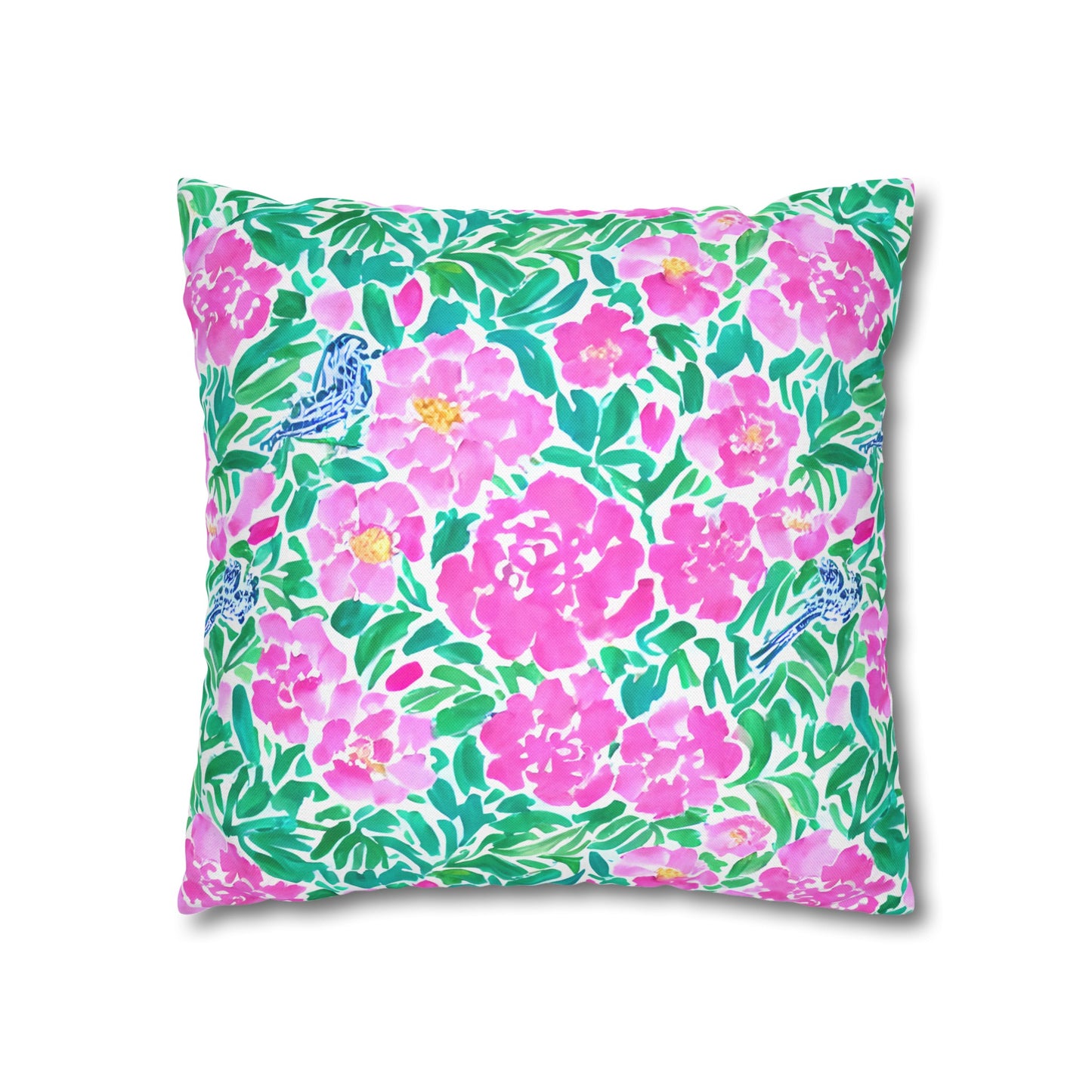 Springtime Whispers: Tiny Birds and Pink Blooms, Subtle Blue Accents, and Lush Green Leaves Spun Polyester Square Pillowcase 4 Sizes