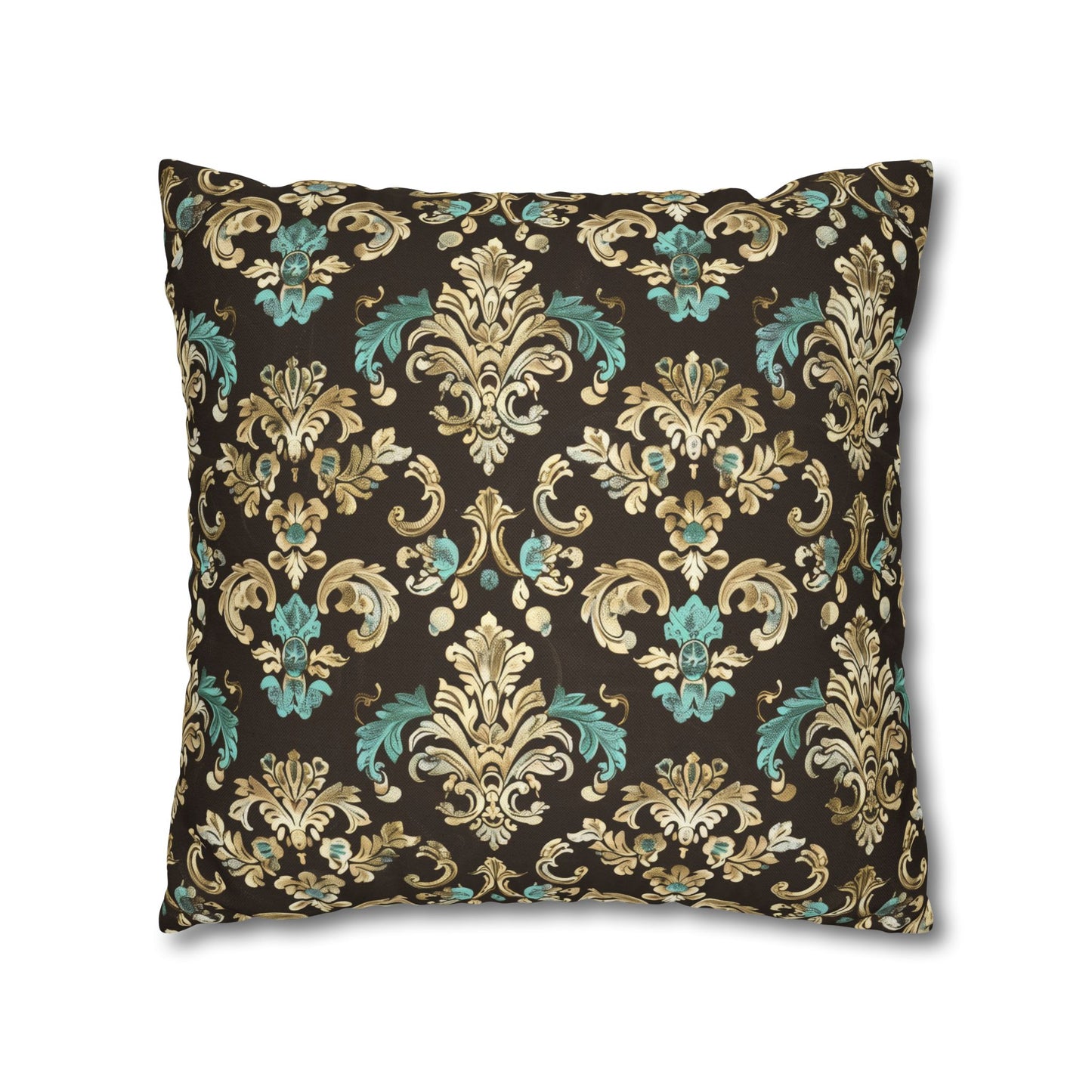 Luxurious Rococo Pattern of Ornate Brown and Teal Floral Scroll Design Spun Polyester Square Pillowcase 4 Sizes