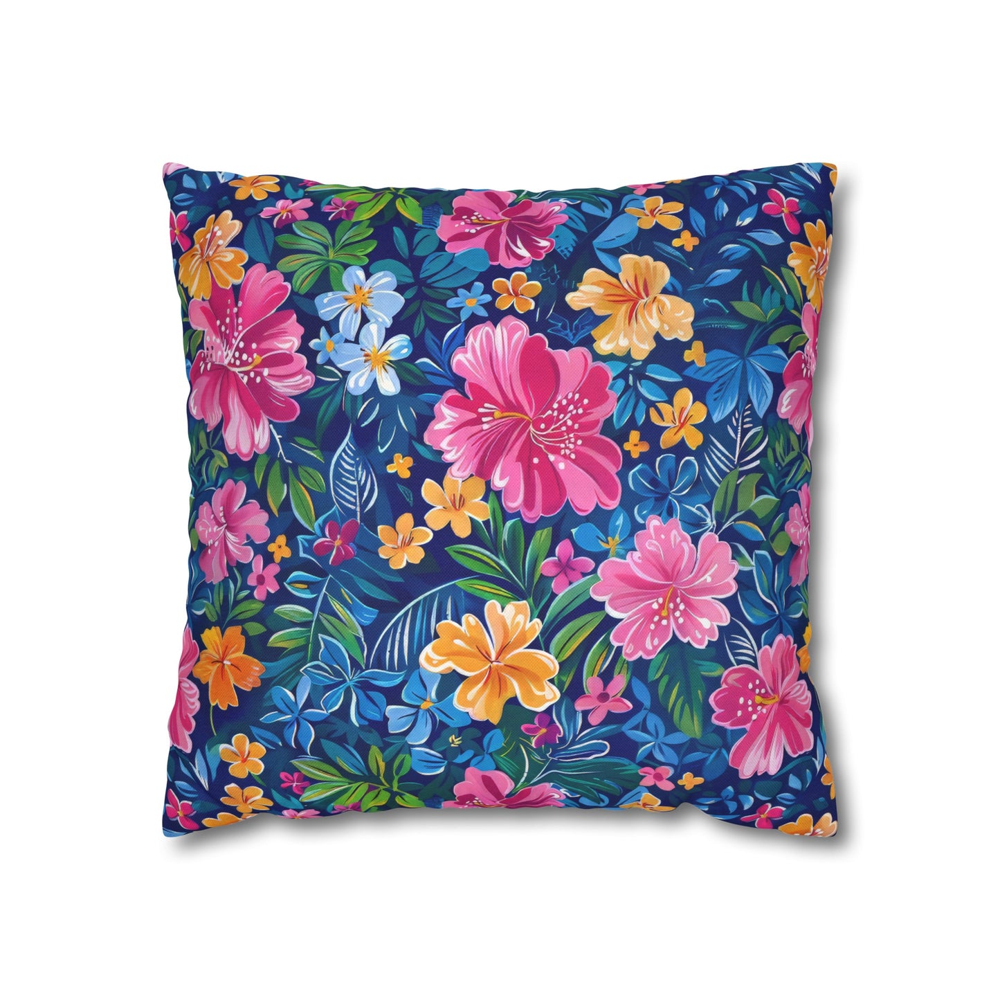 Tropical Sunrise Bloom: Pink Watercolor Flowers with Yellow and Blue Accents Spun Polyester Square Pillowcase 4 Sizes