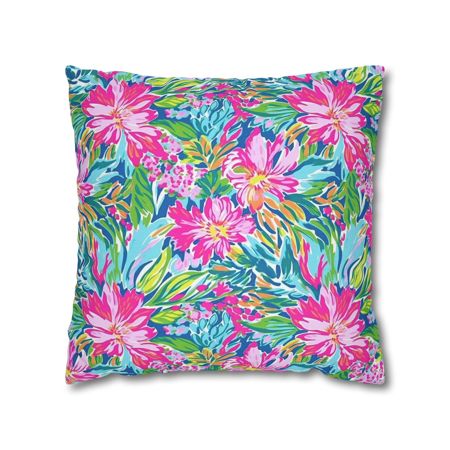 Sunlit Symphony: Large Blooms of Pink, Blue, and Green in Watercolor Spun Polyester Square Pillowcase 4 Sizes