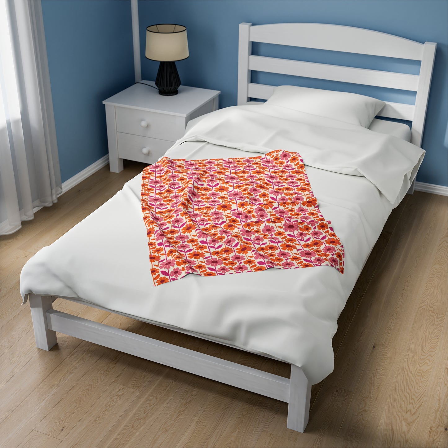 Retro Floral Bliss with Bold Pink and Orange Flower Design Velveteen Plush Blanket 3 Sizes