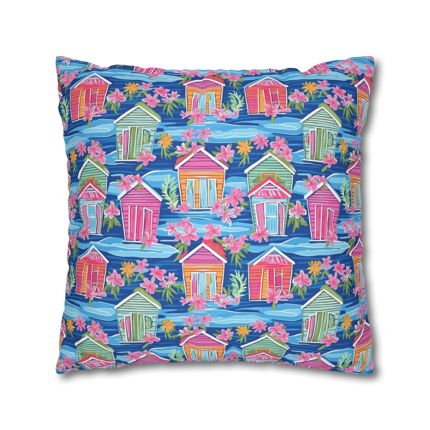 Seaside Serenade: Watercolor Beach Houses Amidst Blooming Florals Spun Polyester Square Pillowcase 4 Sizes