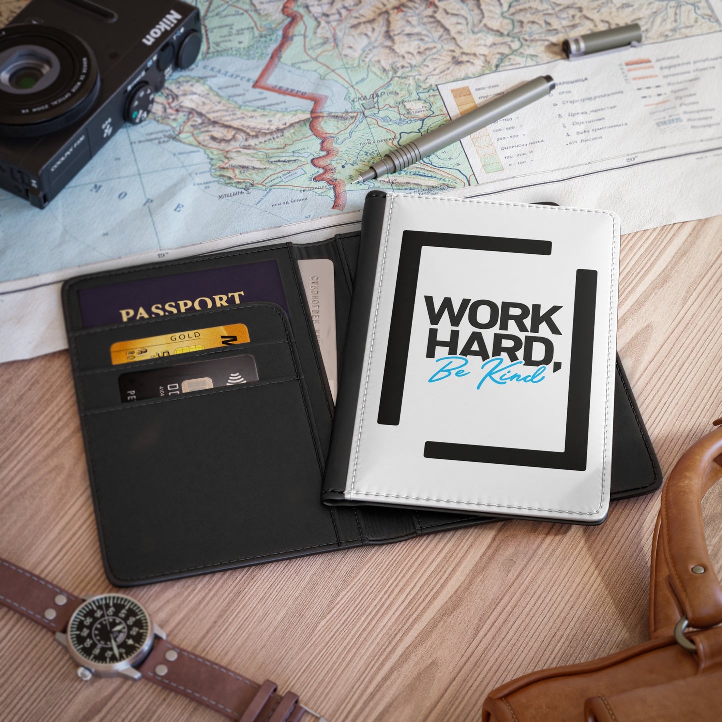 Work Hard Be Kind with Real Bracket  - Passport Cover Faux Leather RFID Blocking