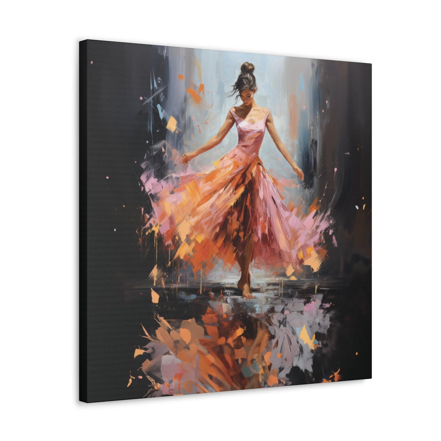 Swirling Splendor: Ballerina in Orange and Pink Dress Dancing Amidst the Reflecting Rain Print on Canvas Gallery - 13 Sizes