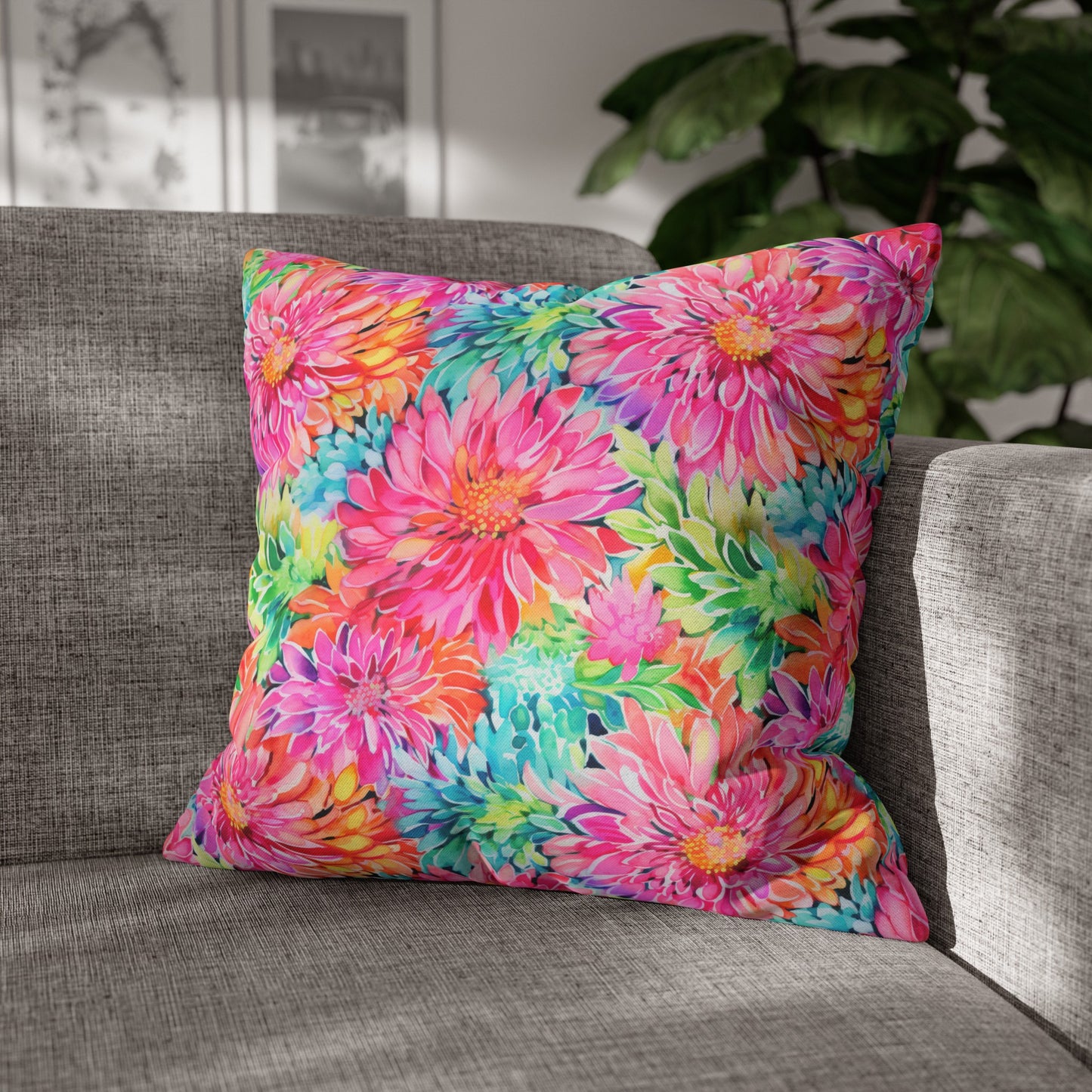 Blooming Spectrum: Large Vibrant Watercolor Flowers in Full Bloom Spun Polyester Square Pillowcase 4 Sizes