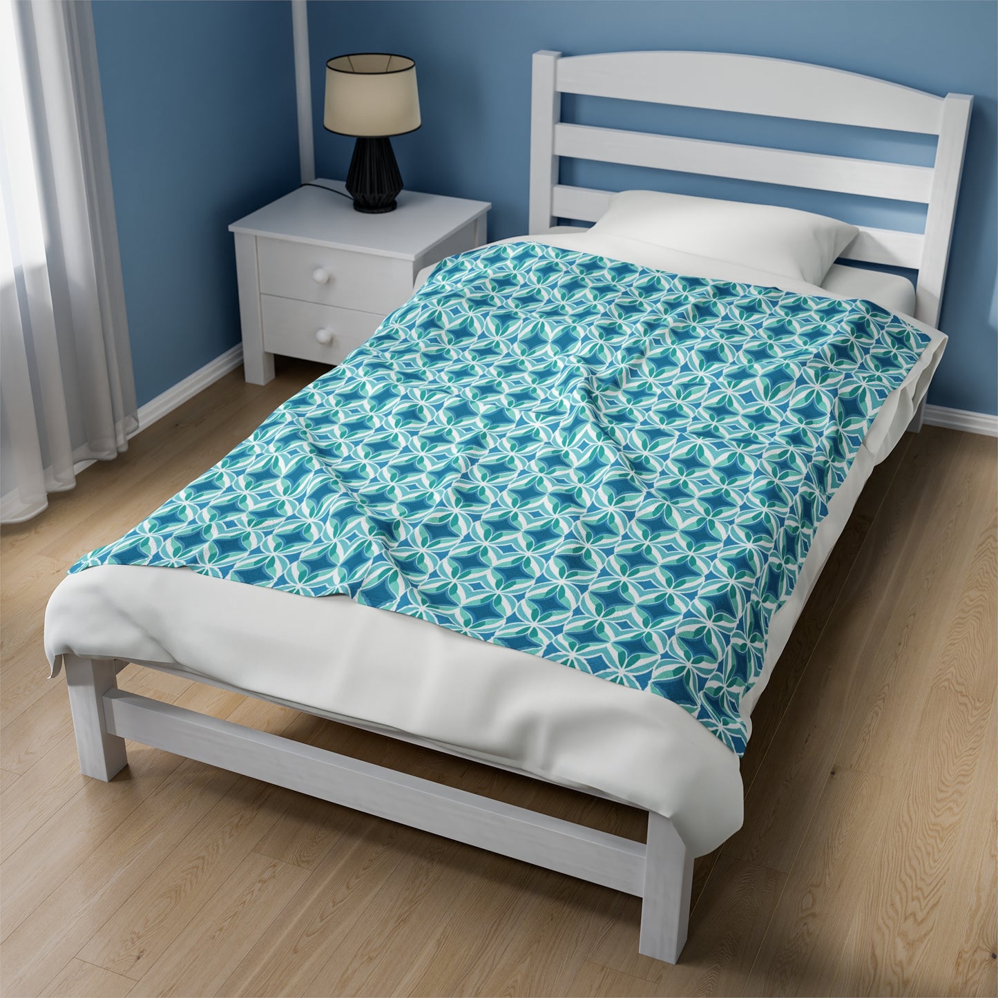 Retro Abstract Blue, Teal, and Aqua Pattern Velveteen Plush Blanket 3 Sizes