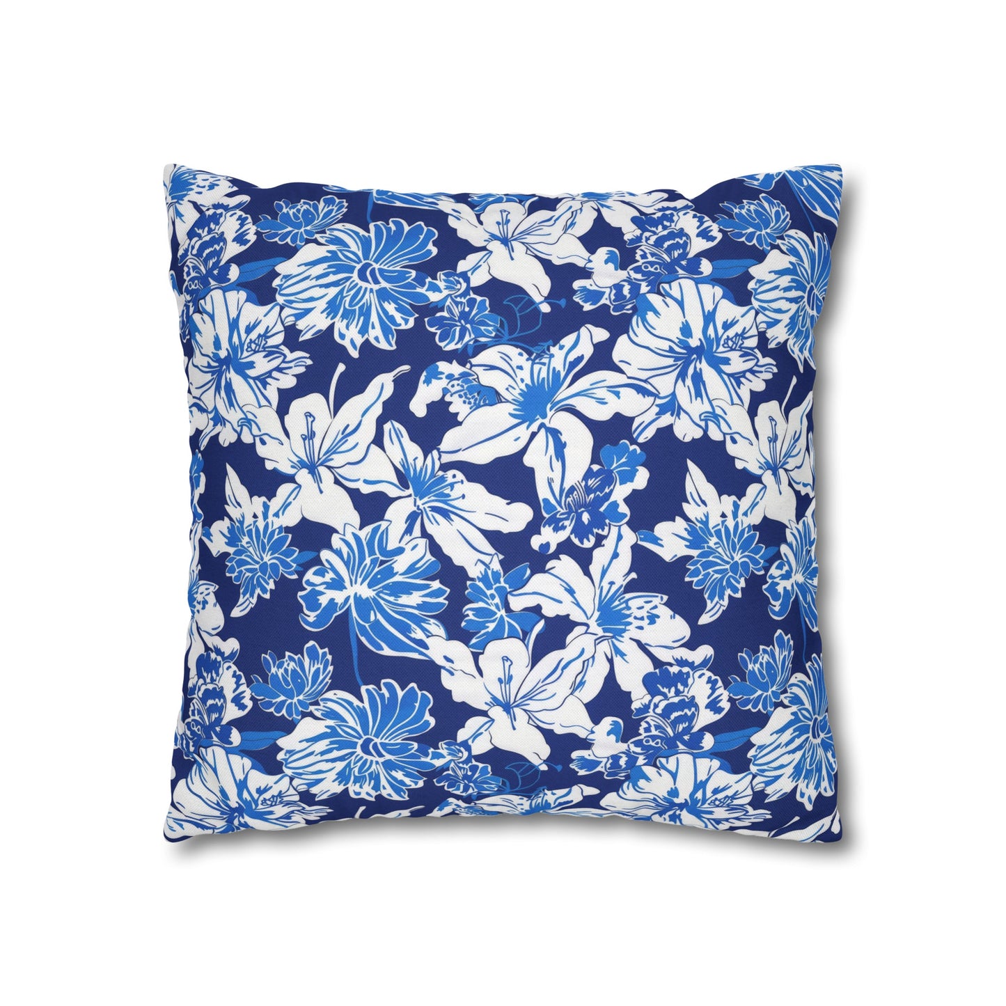 Oceanic Bloom: Watercolor Tropical Flowers in White and Blue against a Deep Blue Background Spun Polyester Square Pillowcase 4 Sizes