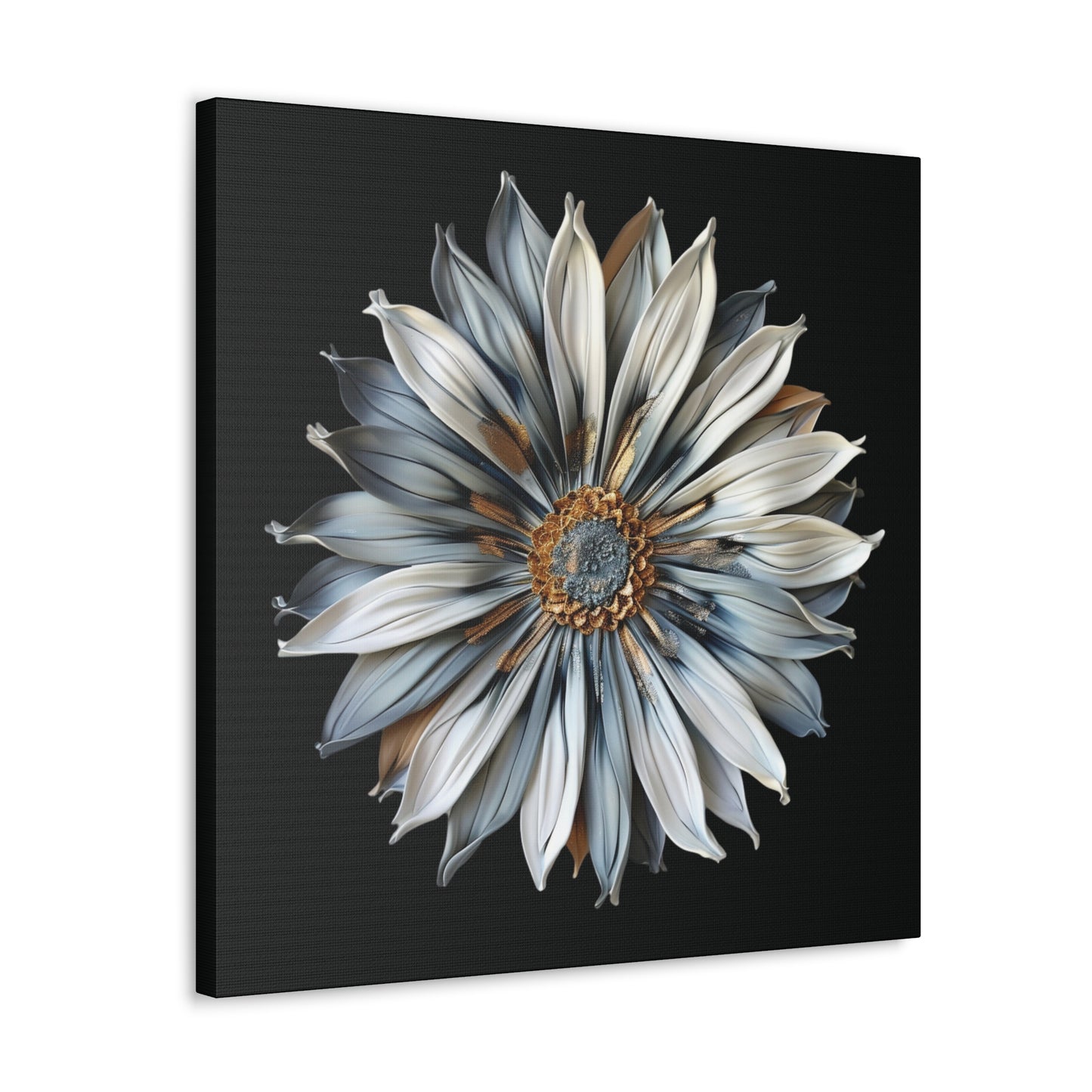 Pale Blue and Gold Sculpted Daisy on Black Background Print on Canvas Gallery Wraps  - 5 Sizes