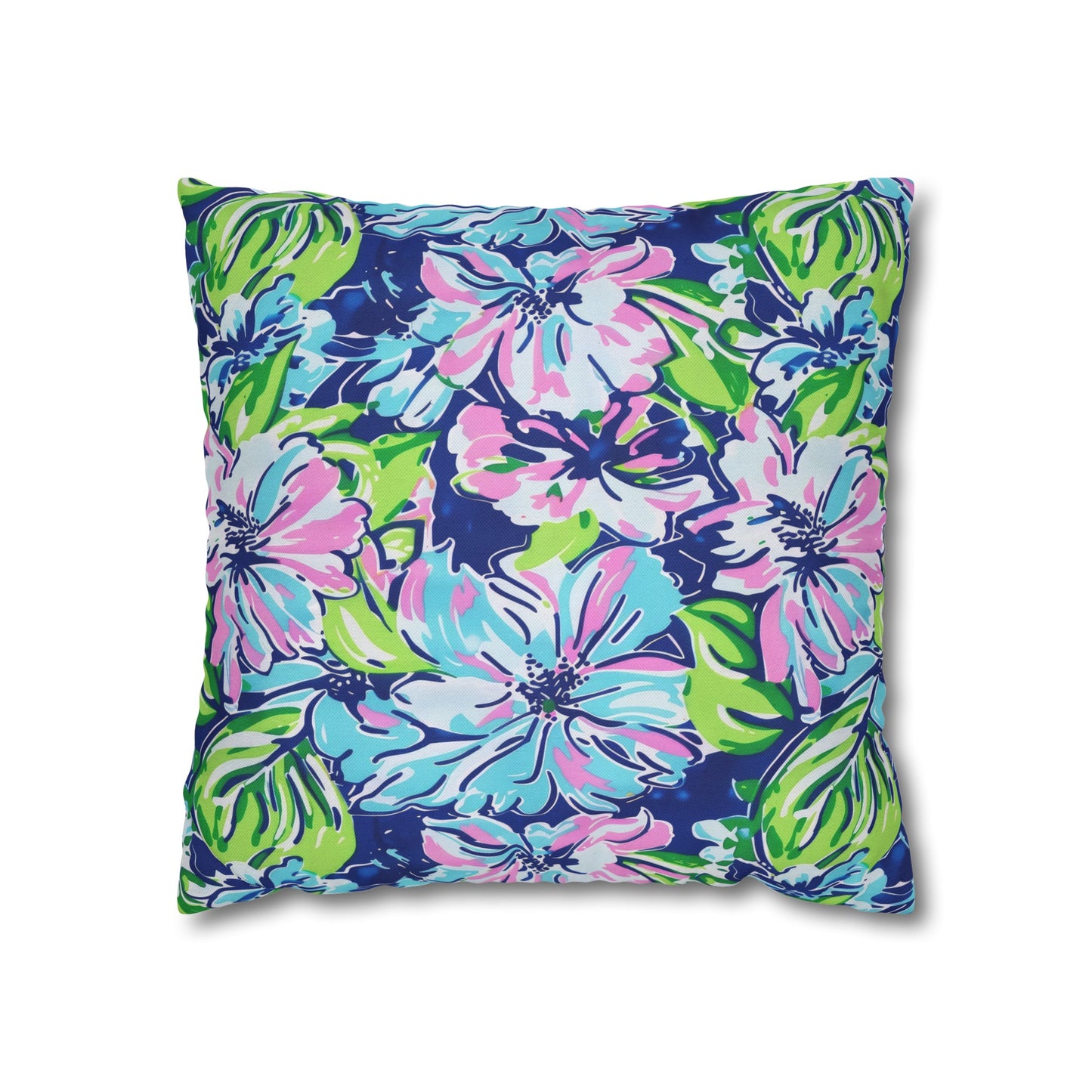 Seaside Coastal Pink, Navy, and Green Tropical Blooms Spun Polyester Square Pillowcase 4 Sizes