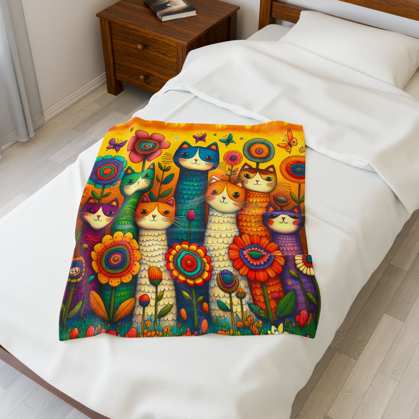 Tall Cats and Flowers Print Velveteen Plush Blanket 3 Sizes