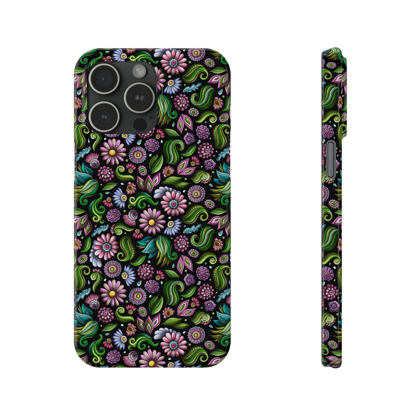 Purple & Pink Daisy Floral Print on Black Background Iphone 15-12 Slim Phone Case