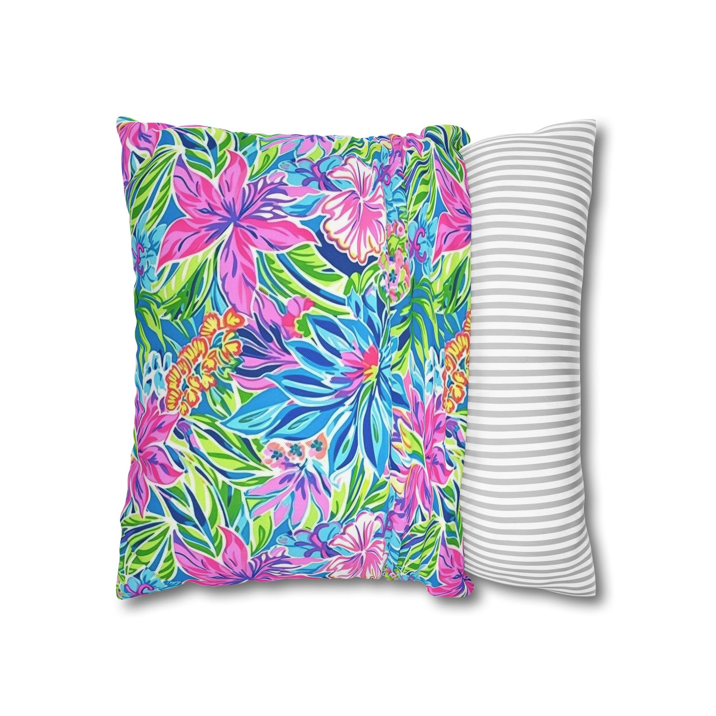 Summer Harmony: Pink and Blue Blooms with Lush Green Leaves Spun Polyester Square Pillowcase 4 Sizes