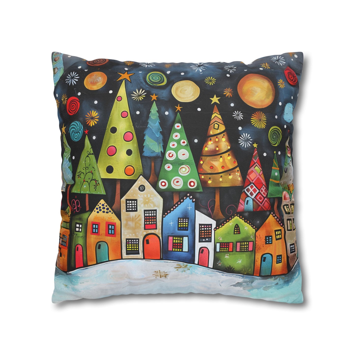 Holiday Haven: Abstract Folk Art Christmas Village Adorned with Christmas Trees Scene Spun Polyester Square Pillowcase 4 Sizes