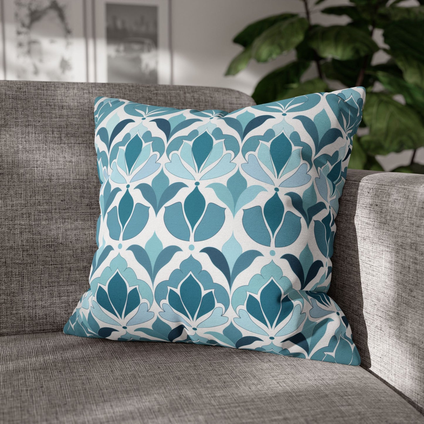 Serene Floral Pattern in Shades of Aqua and Teal, Forming Graceful Botanical Motifs Spun Polyester Square Pillowcase 4 Sizes