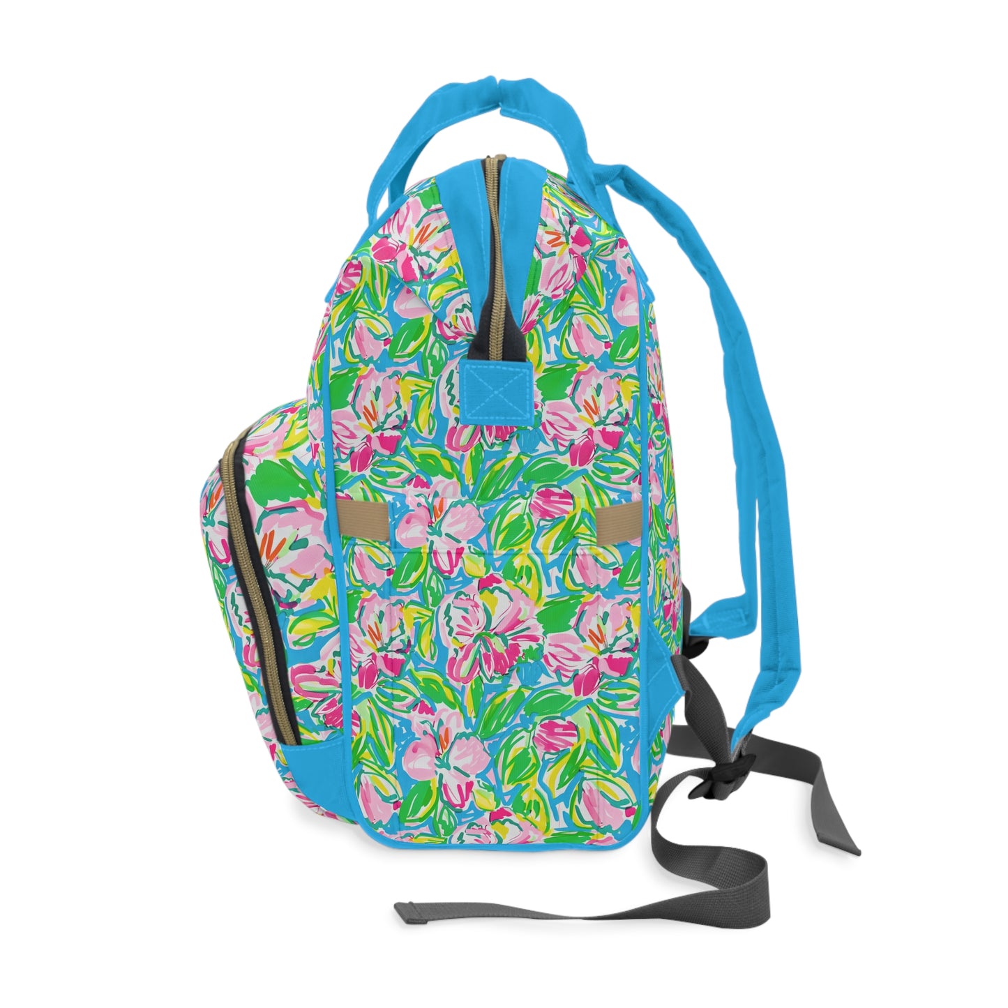 Whispering Meadows: Pink Blossoms, Lush Green Leaves, and Accents of Yellow and Blue Multifunctional Diaper Backpack