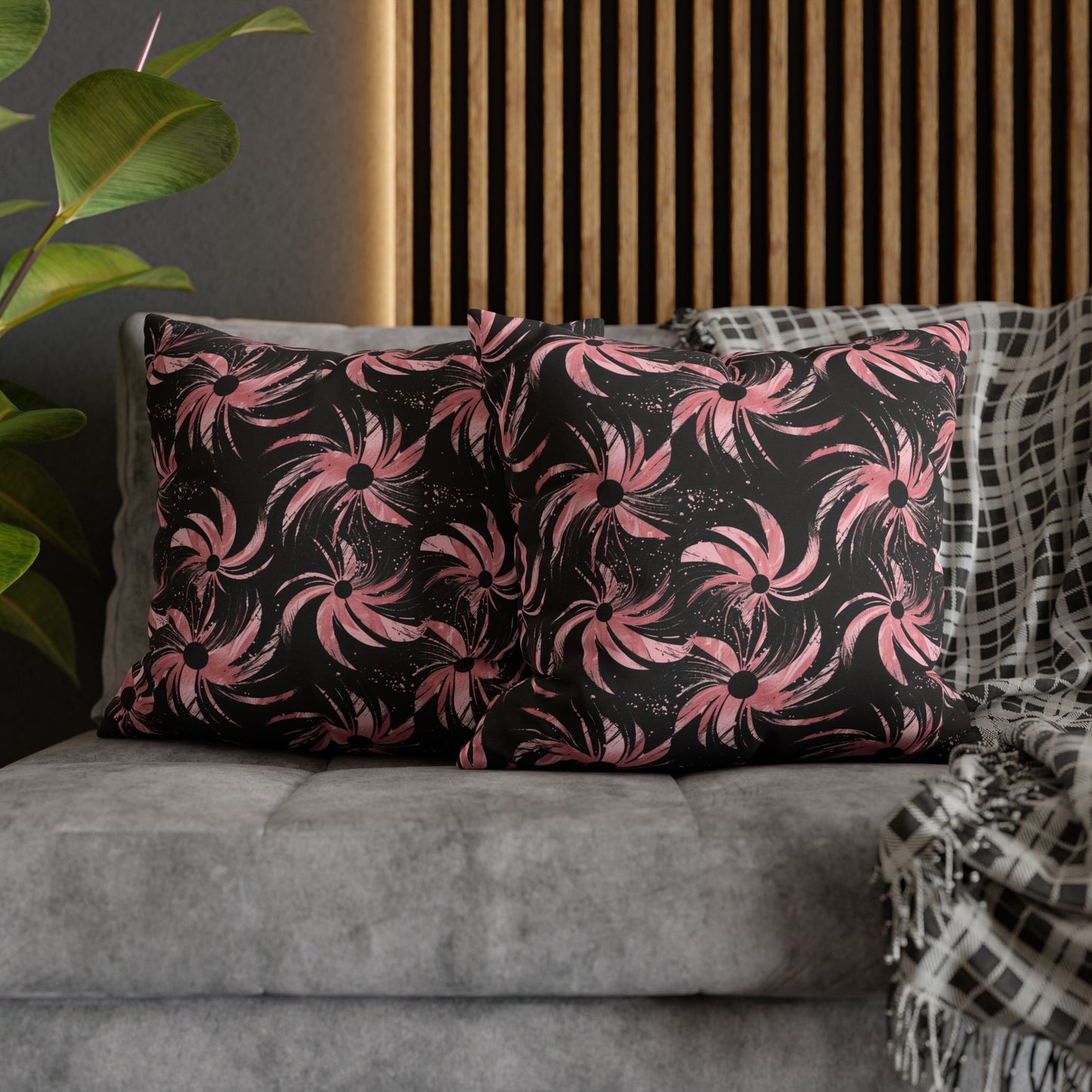 Stellar Blooms of Cosmic Pink on Midnight Black Design Spun Polyester Square Pillowcase 4 Sizes