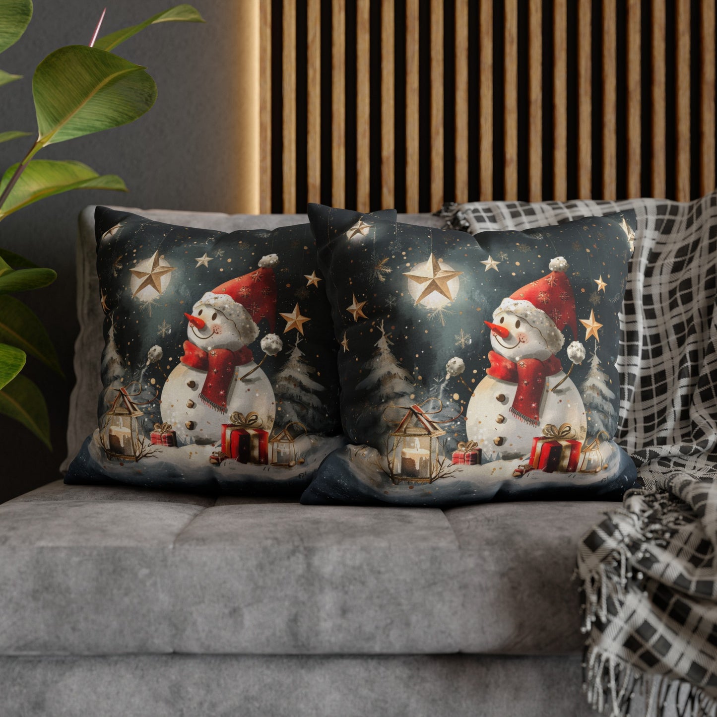 Moonlit Frost: Snowman Basking in Moonlight Surrounded by Presents Spun Polyester Square Pillowcase 4 Sizes