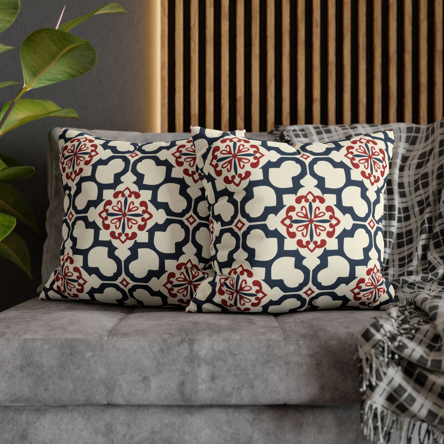 Traditional Korean Elegance in Bold Red and Navy Geometric Tile Pattern Spun Polyester Square Pillowcase 4 Sizes