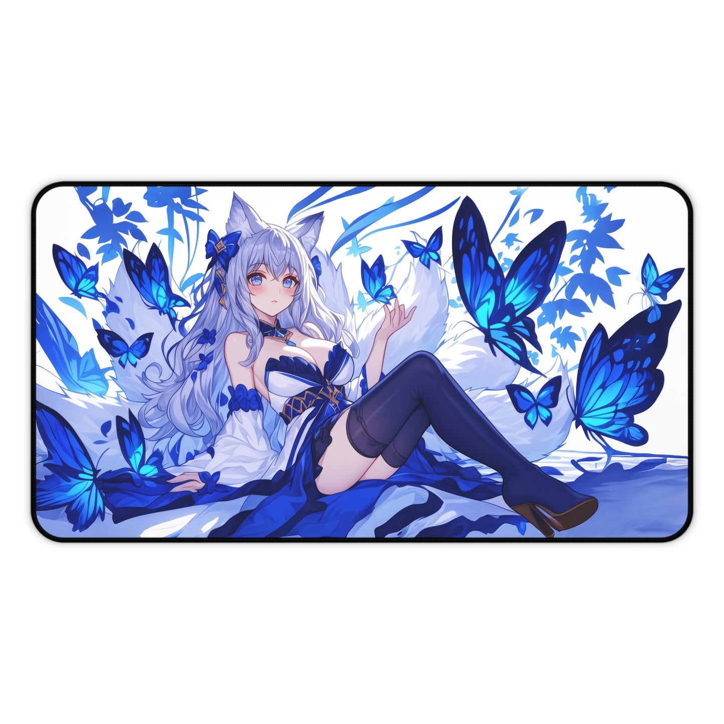 Anime Kitsune Fox Girl Mousepad, Blue Butterflies Anime Desk Mat, Extra Large Mousepad, Gaming Desk Mat, Desktop Accessory