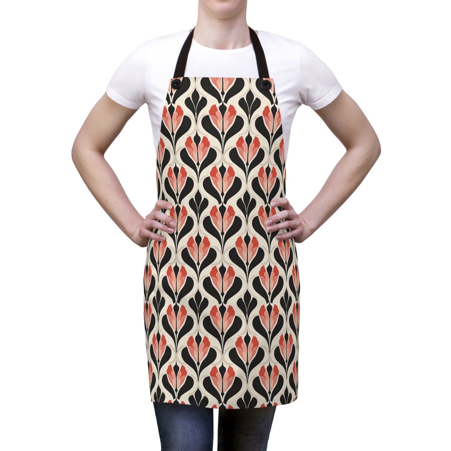 Art Deco Elegance Red Floral Motif on Cream Kitchen Chef Apron