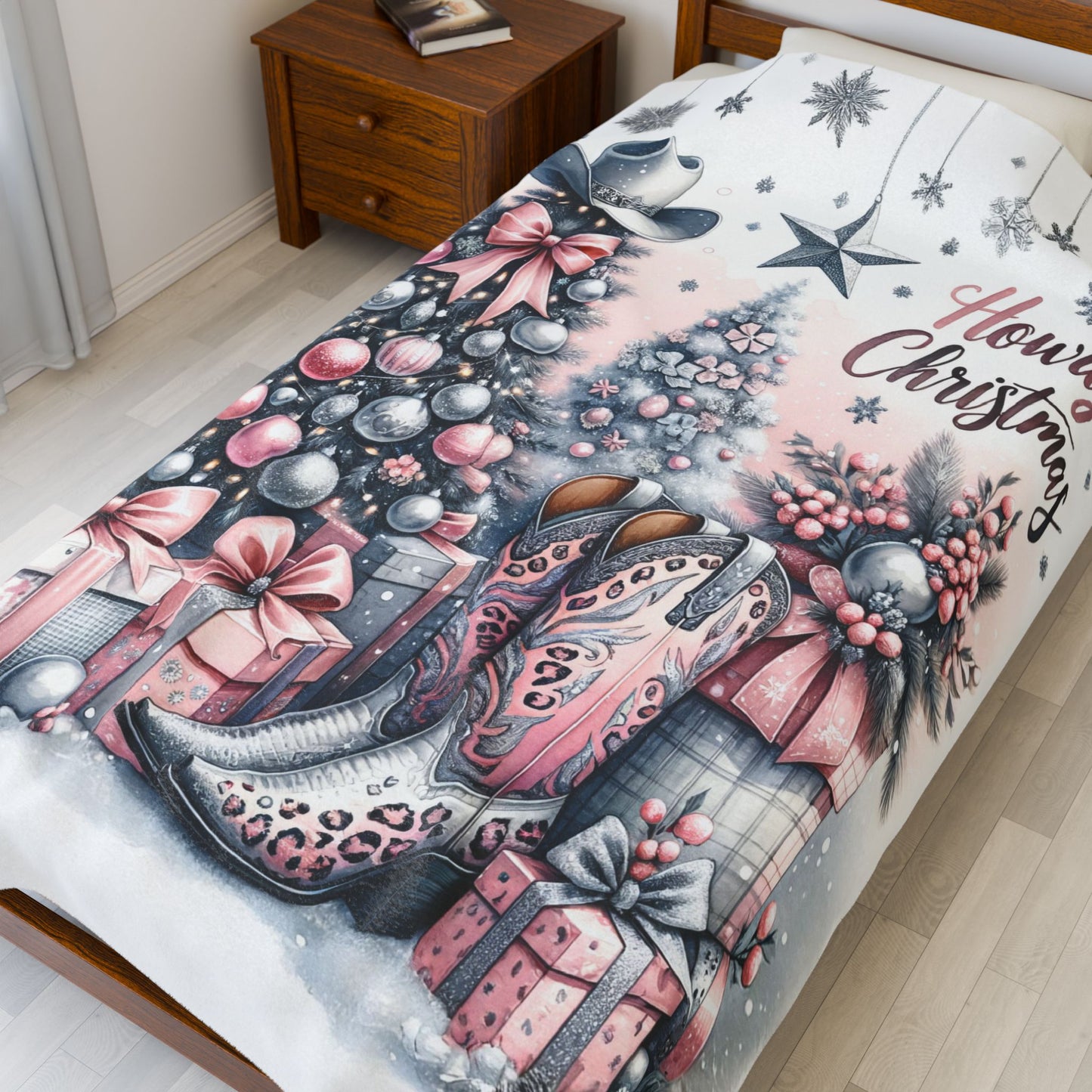 Country Western Howdy Christmas Pink Sparkle Velveteen Plush Blanket 3 Sizes