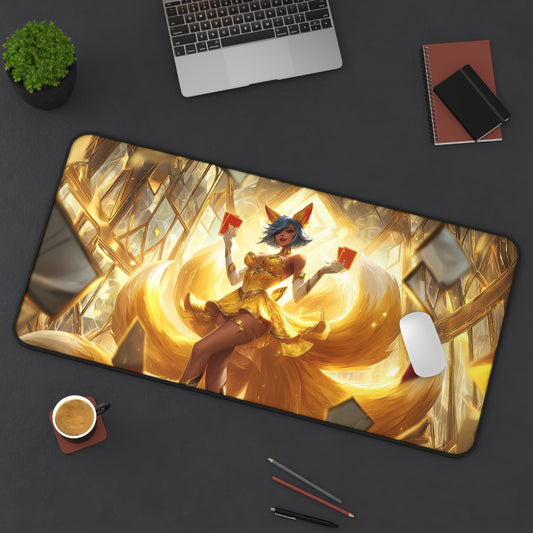 Anime Kitsune Golden Fox Girl Mousepad,  Shimmering Gold Anime Desk Mat, Extra Large Mousepad, Gaming Desk Mat, Desktop Accessory