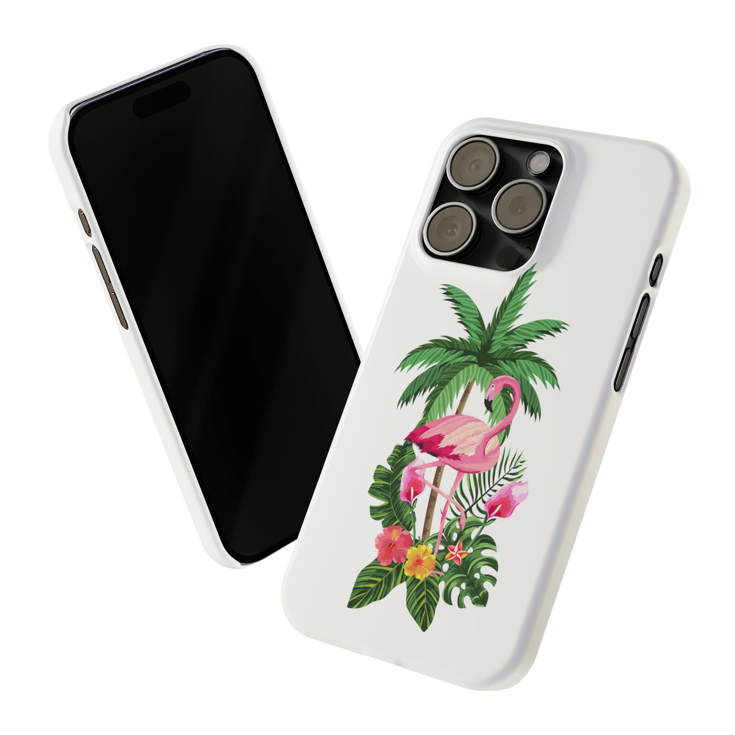 Tropical Pink Flamingo and Flowers White Background Iphone 15-12 Slim Phone Case