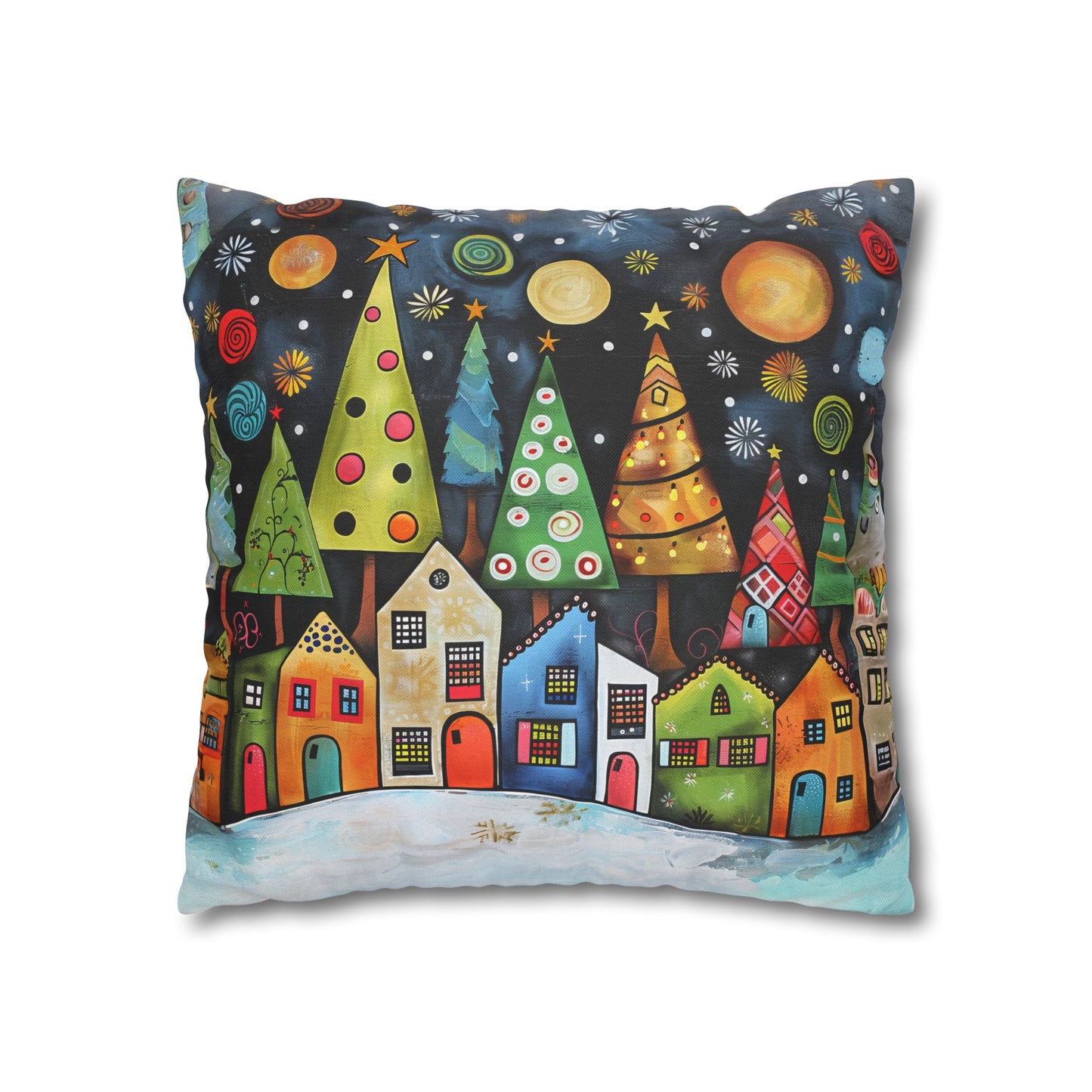 Holiday Haven: Abstract Folk Art Christmas Village Adorned with Christmas Trees Scene Spun Polyester Square Pillowcase 4 Sizes