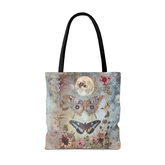 Mystical Moon with Flowers and Butterflies Canvas Tote Bag - 3 Sizes