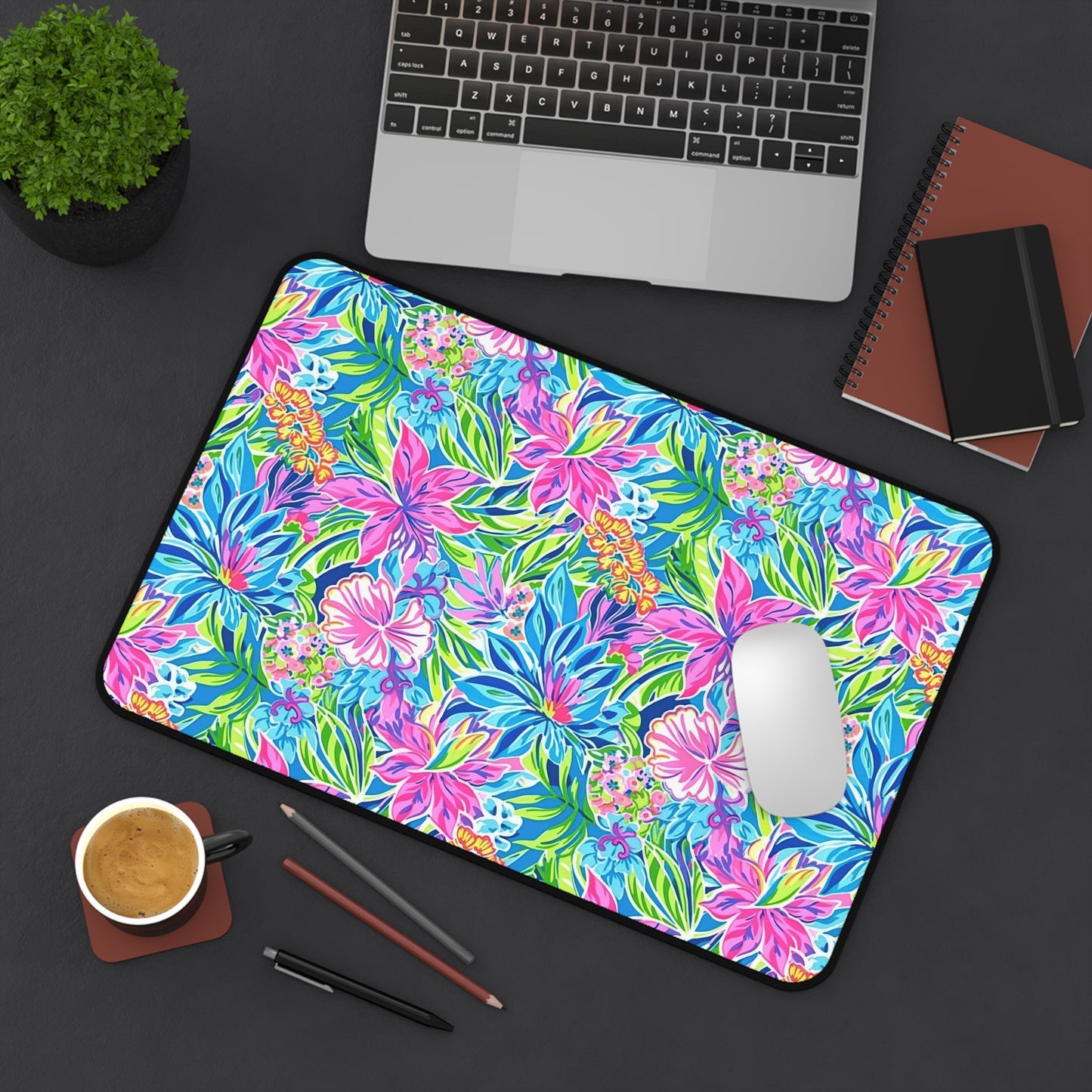 Summer Harmony: Pink and Blue Blooms with Lush Green Leaves  Desk Mat Extended Gaming Mouse Pad - 3 Sizes