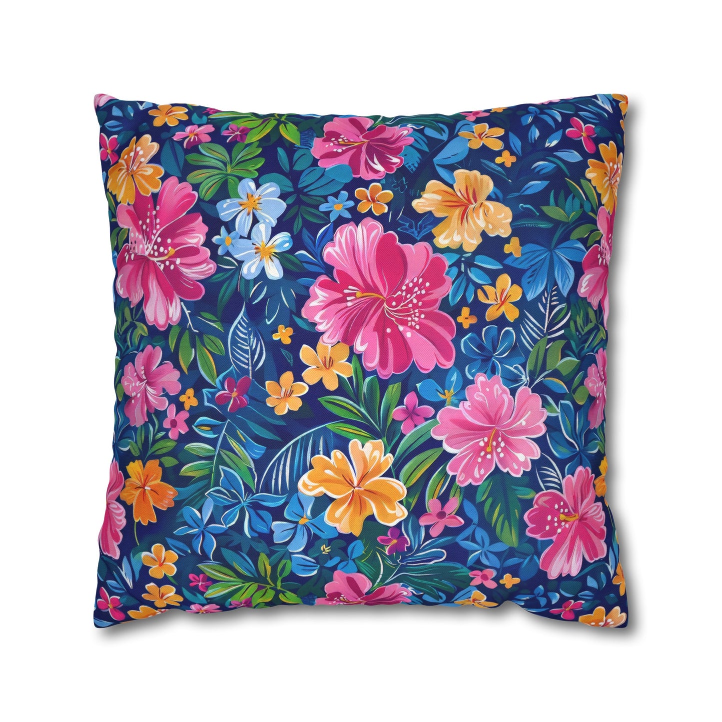 Tropical Sunrise Bloom: Pink Watercolor Flowers with Yellow and Blue Accents Spun Polyester Square Pillowcase 4 Sizes