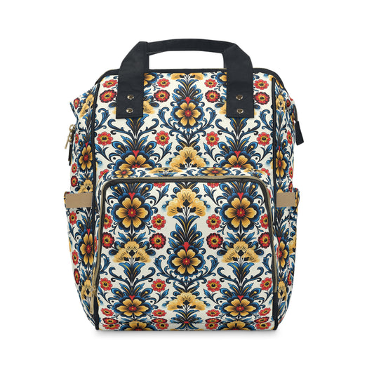 Baroque Blossom of Floral Elegance in Deep Blues and Sunny Yellows Multifunctional Diaper Backpack