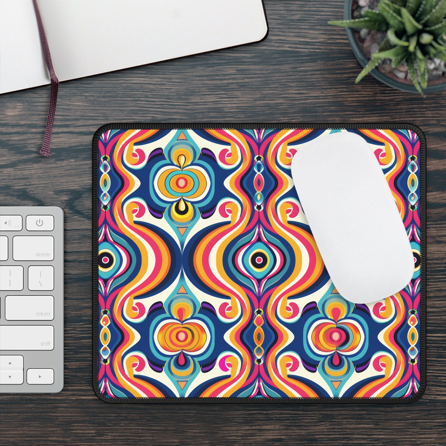 Vibrant Retro Waves with Colorful Geometric Pattern Gaming Mouse Pad with Finished Edges