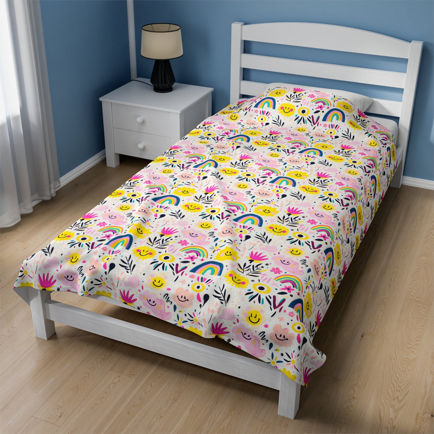 Retro Joy of Whimsical Smiling Flowers, Rainbows, and Playful Patterns Velveteen Plush Blanket 3 Sizes